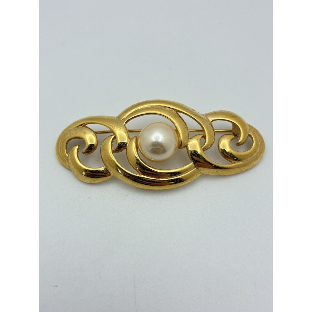 Signed NAPIER Goldtone Faux Pearl Polished Pin Brooch VTG 2.5” Pin